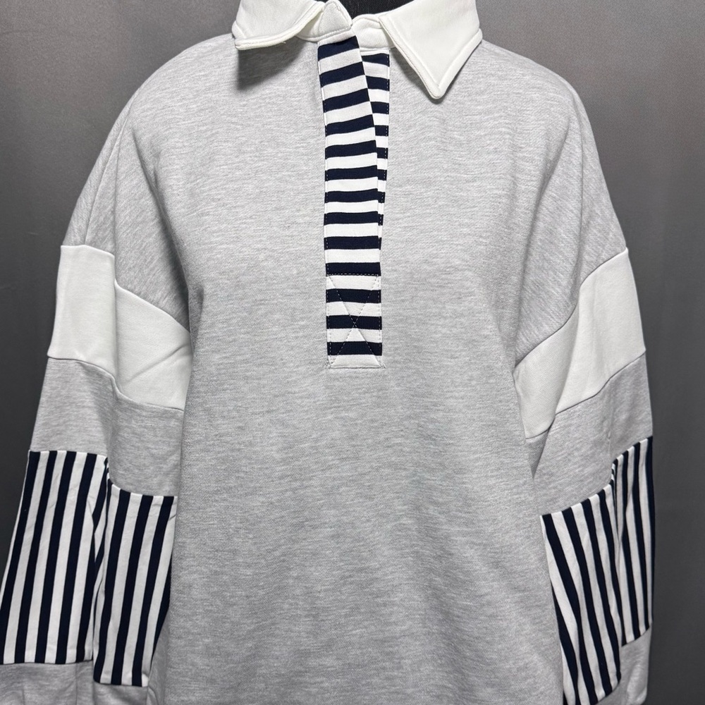 Striped Gray and White Collared Sweatshirt
